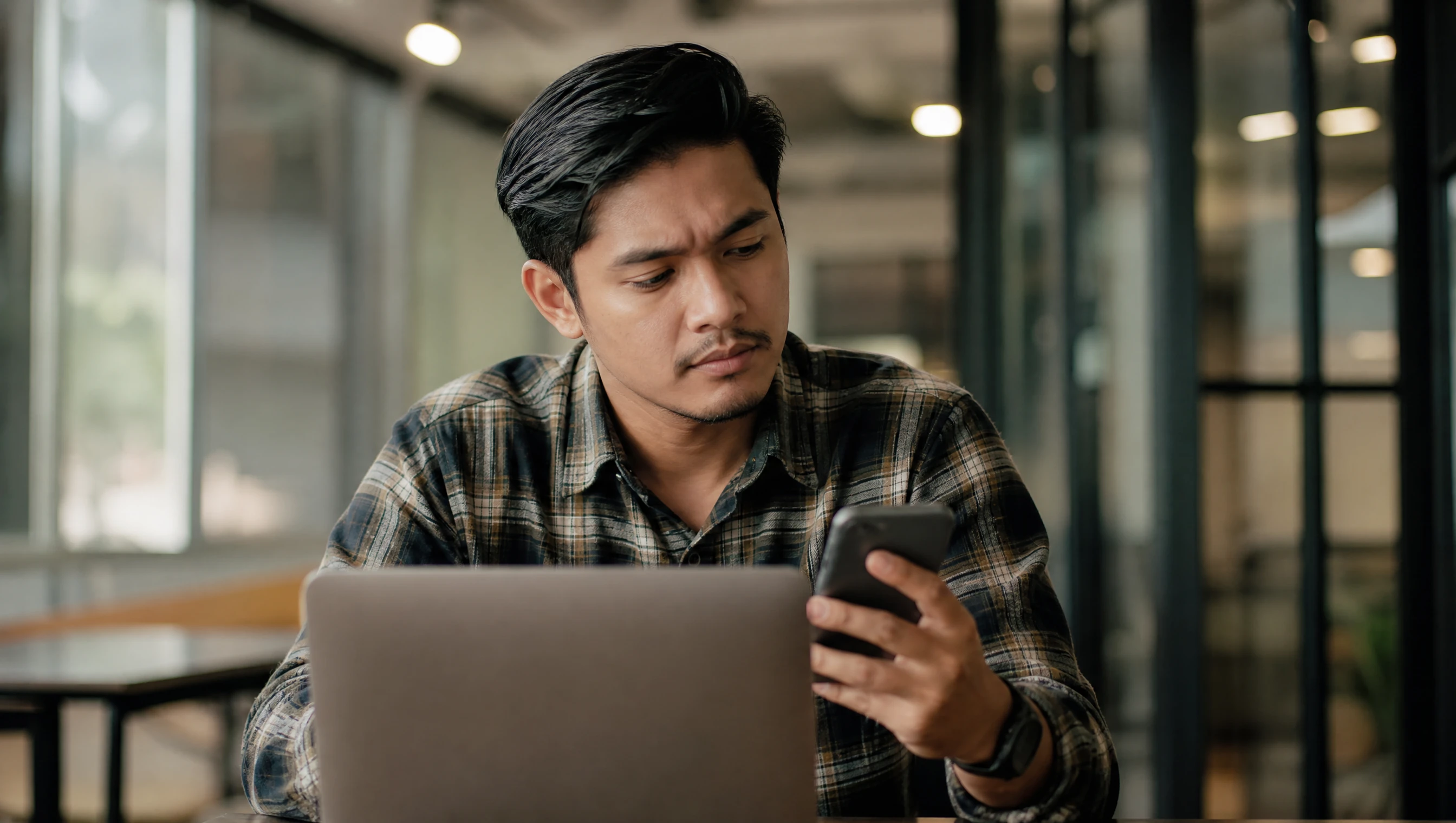 Peniaga muda Malaysia membandingkan paparan website dan app di telefon serta komputer riba di pejabat kecil
