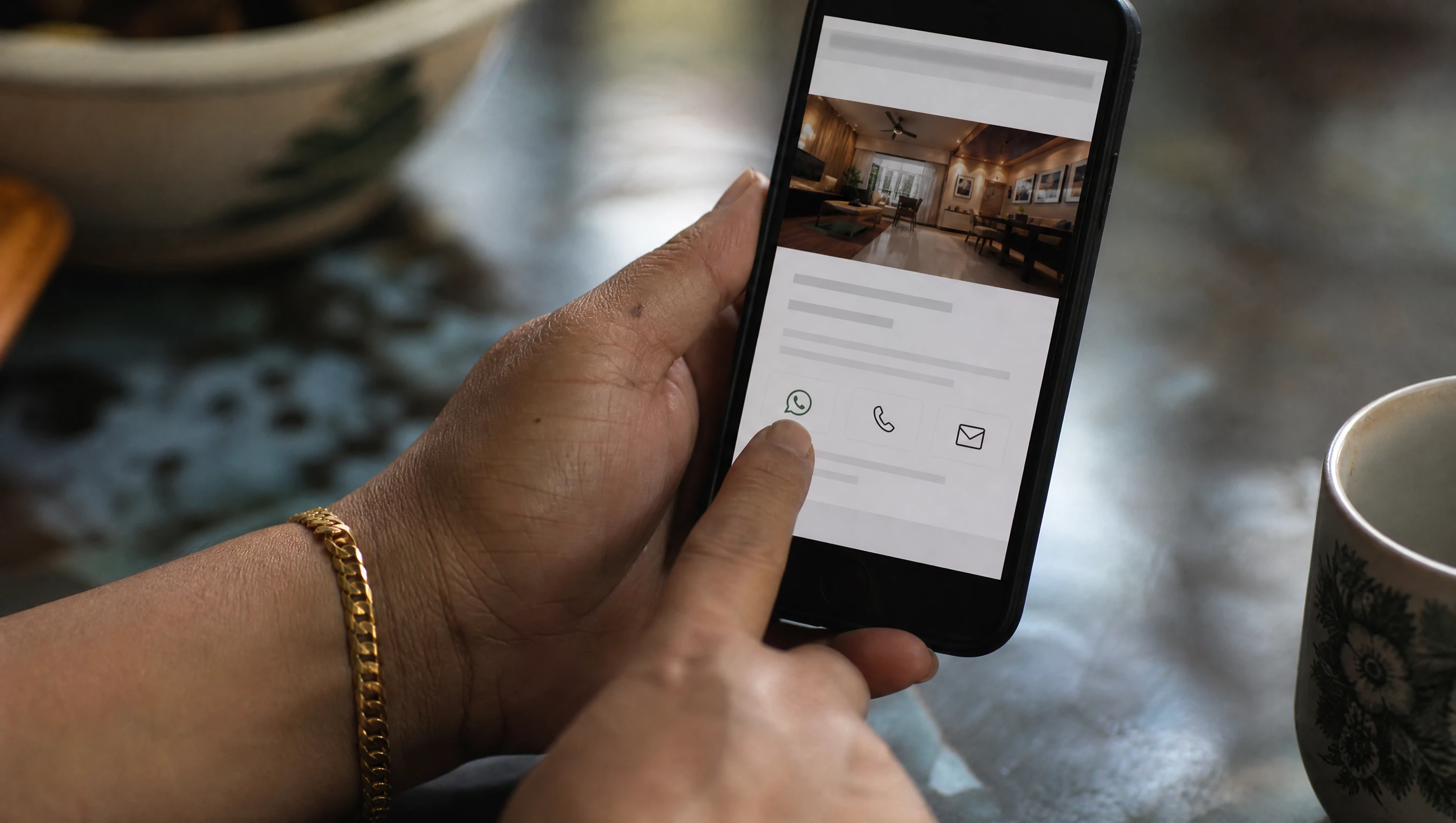 Client menekan butang WhatsApp pada website company profile menggunakan telefon pintar di Malaysia