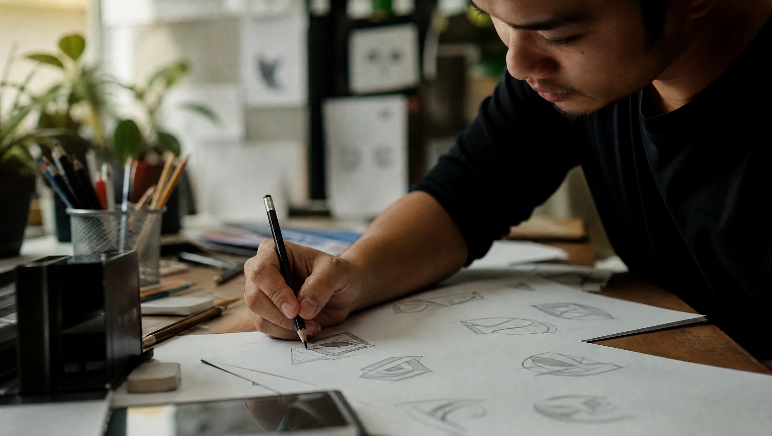 Pereka grafik Malaysia melakar konsep logo di atas kertas dengan pensel di studio kreatif