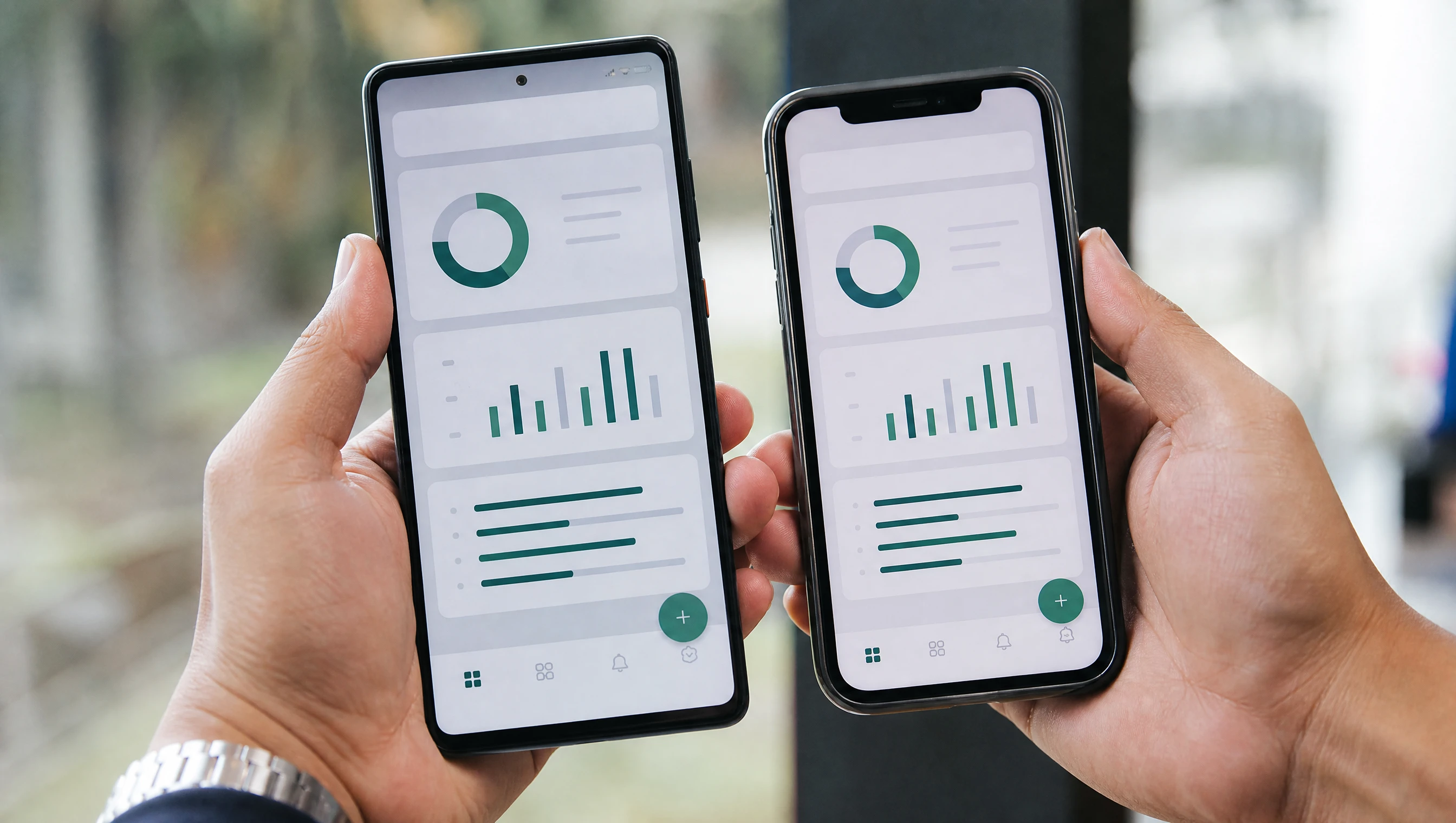 Dua telefon Android dan iPhone diletak bersebelahan menunjukkan aplikasi bisnes Malaysia yang sama