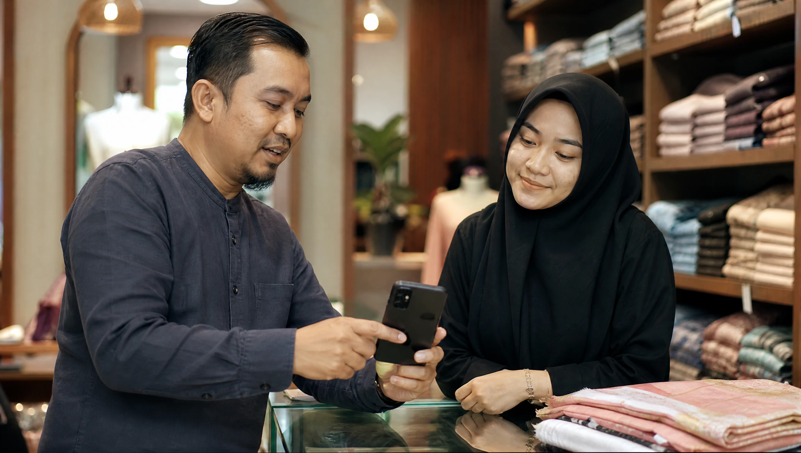 Pemilik kedai Malaysia menunjukkan aplikasi tempahan pelanggan kepada staf di kaunter