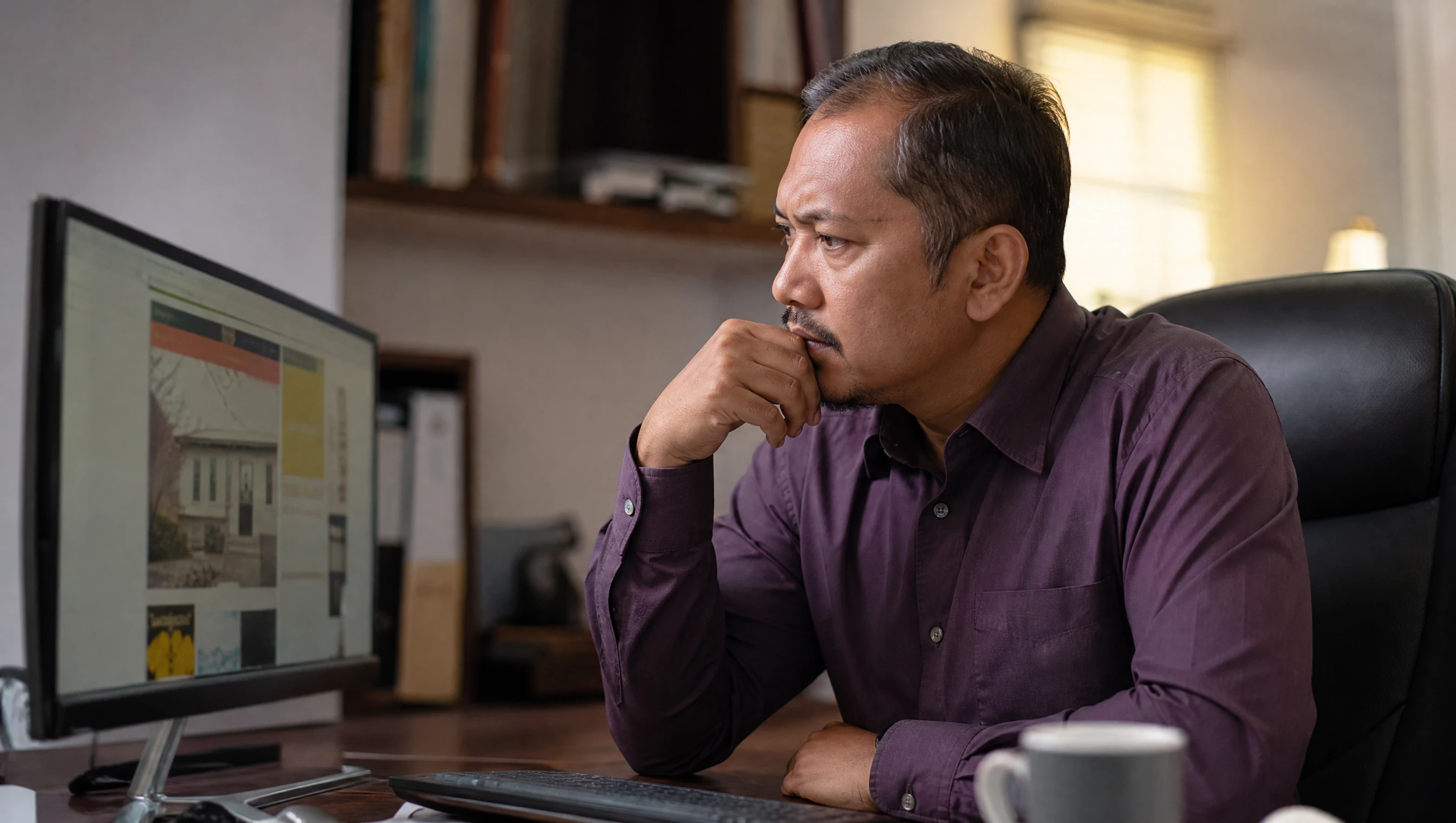 Pemilik bisnes Malaysia memandang website lama syarikatnya yang ketinggalan zaman di skrin komputer