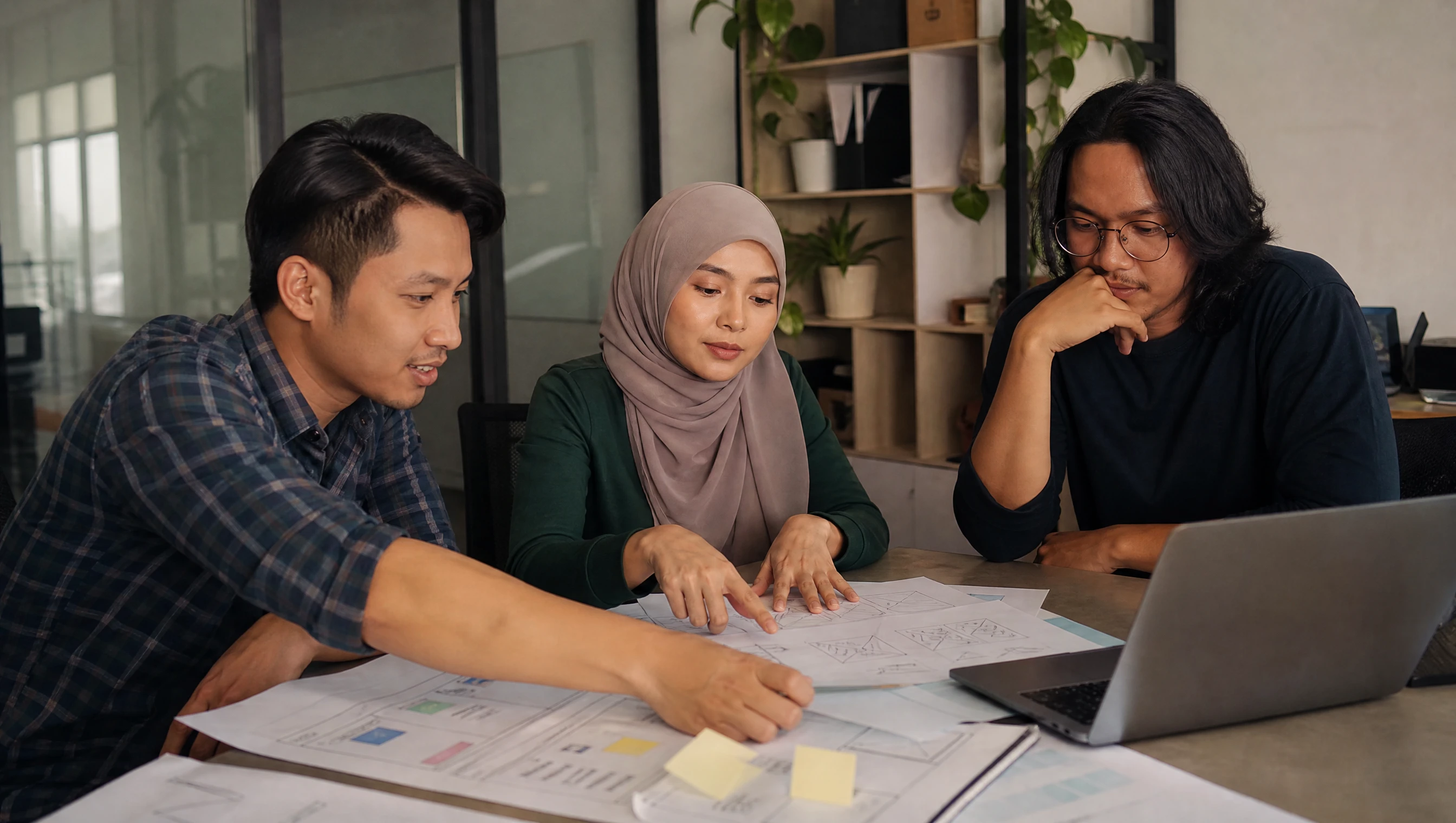 Pasukan reka bentuk berbincang pelan redesign website di atas meja dengan lakaran dan laptop