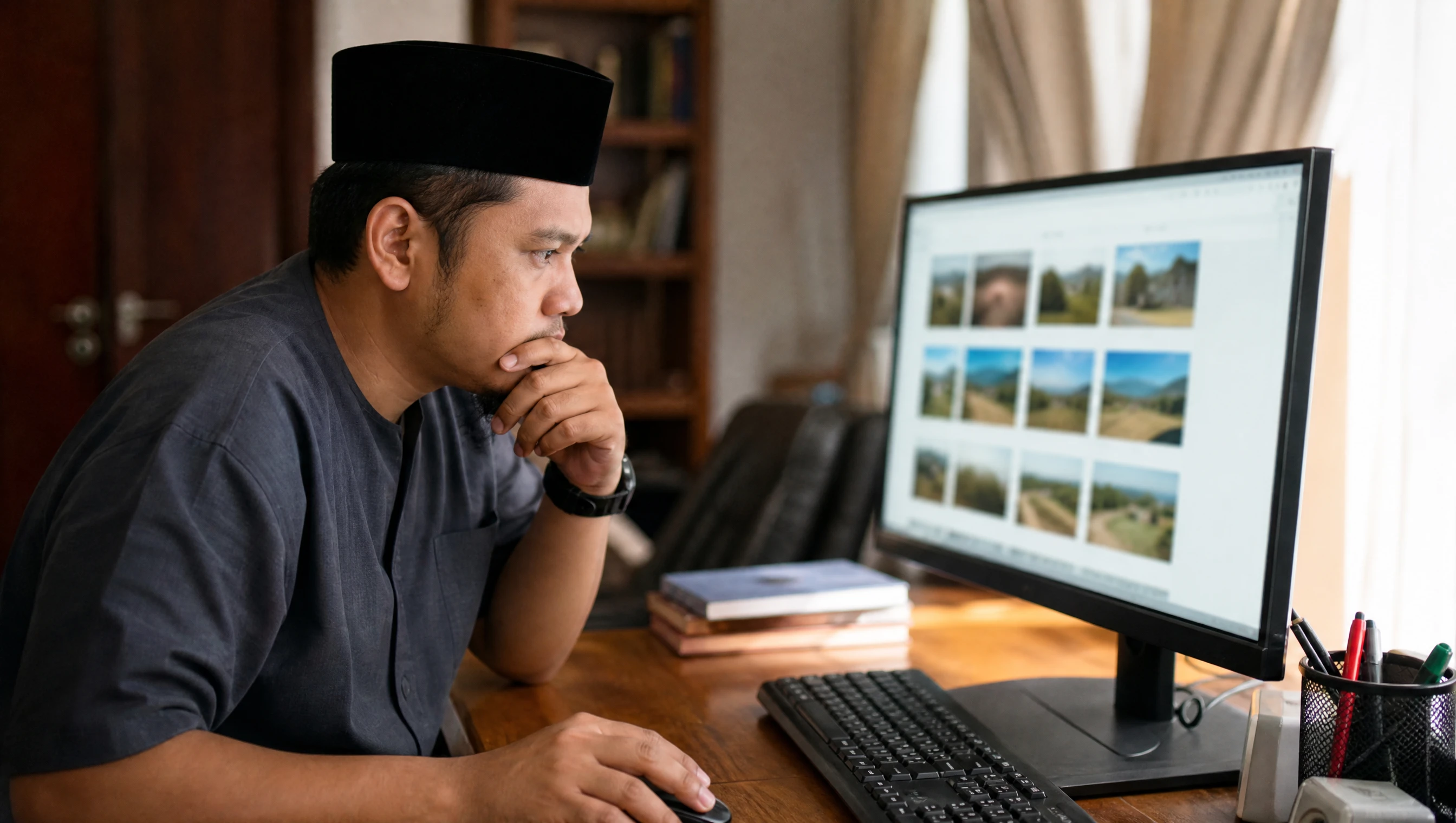 Peniaga Malaysia membandingkan hasil carian Google Ads dan organik di skrin komputer di pejabat kecil