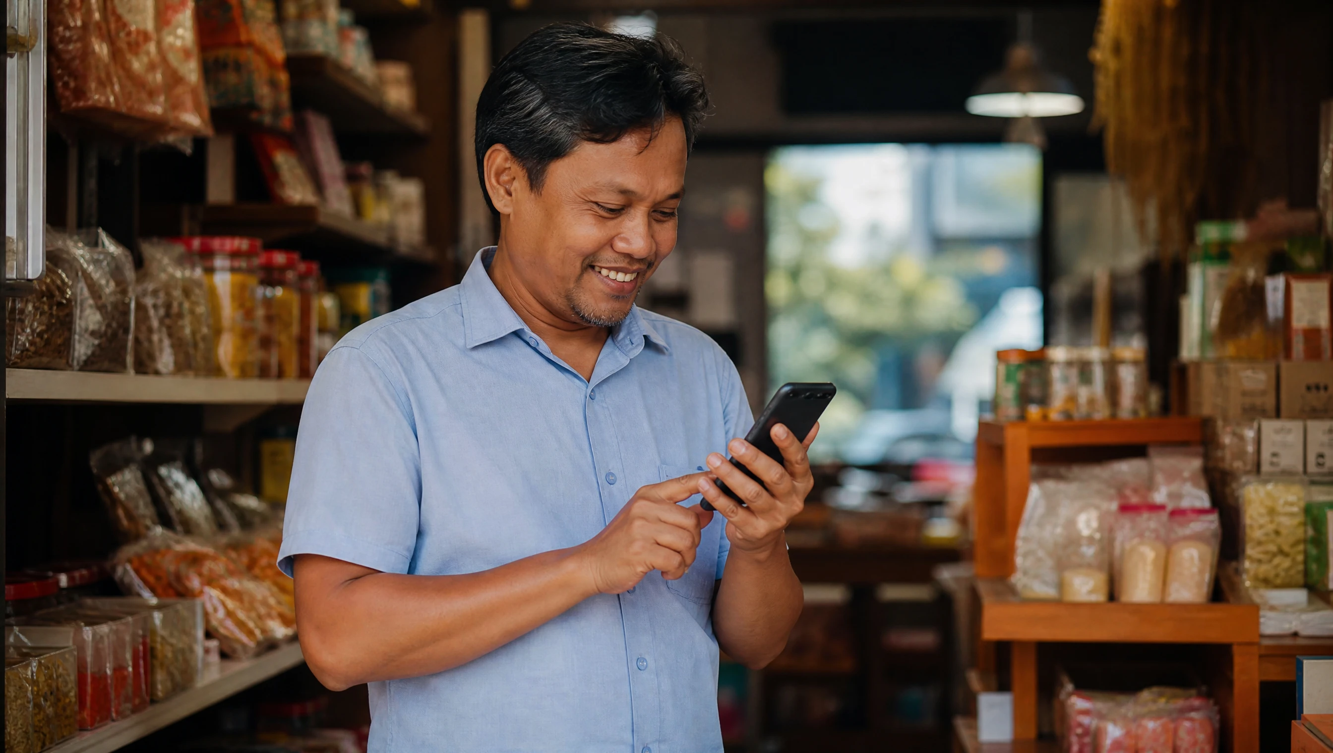 Pemilik bisnes kecil Malaysia menyemak peningkatan ranking website di telefon di kedai sendiri
