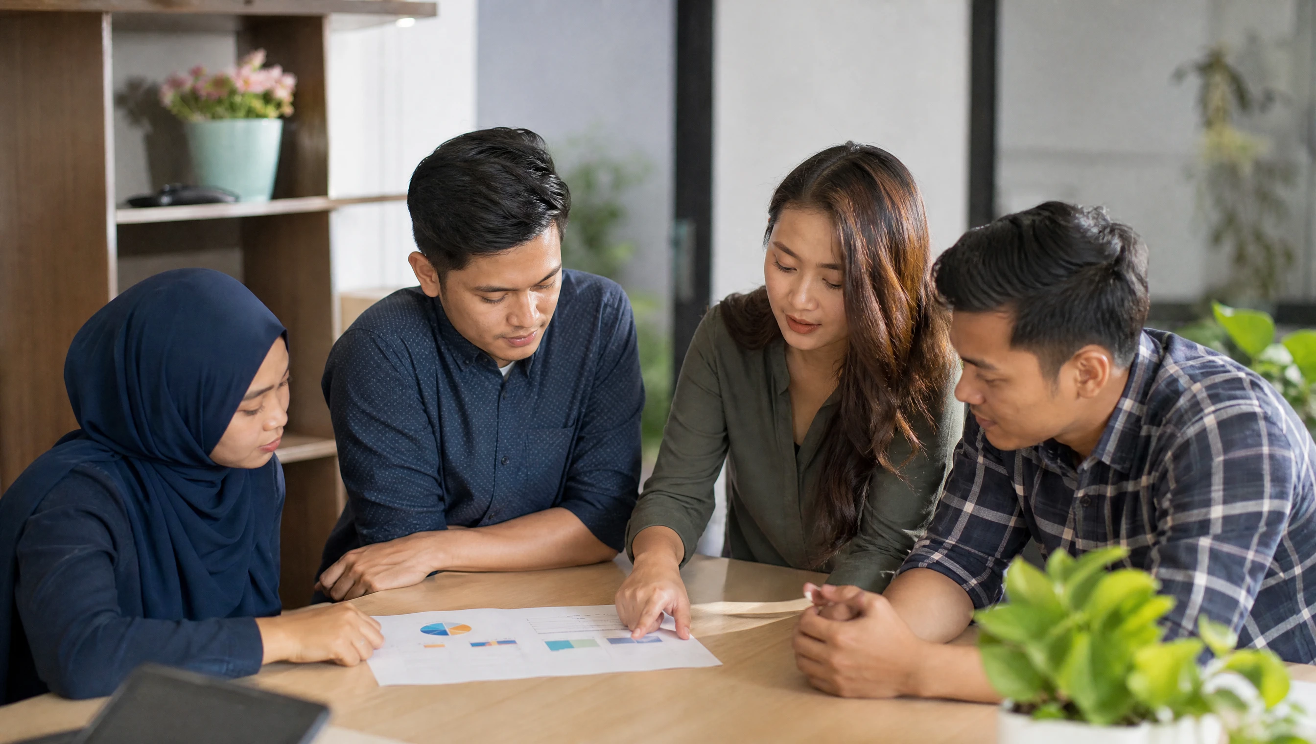 Pasukan bisnes kecil Malaysia berbincang strategi pemasaran digital dengan carta di meja pejabat