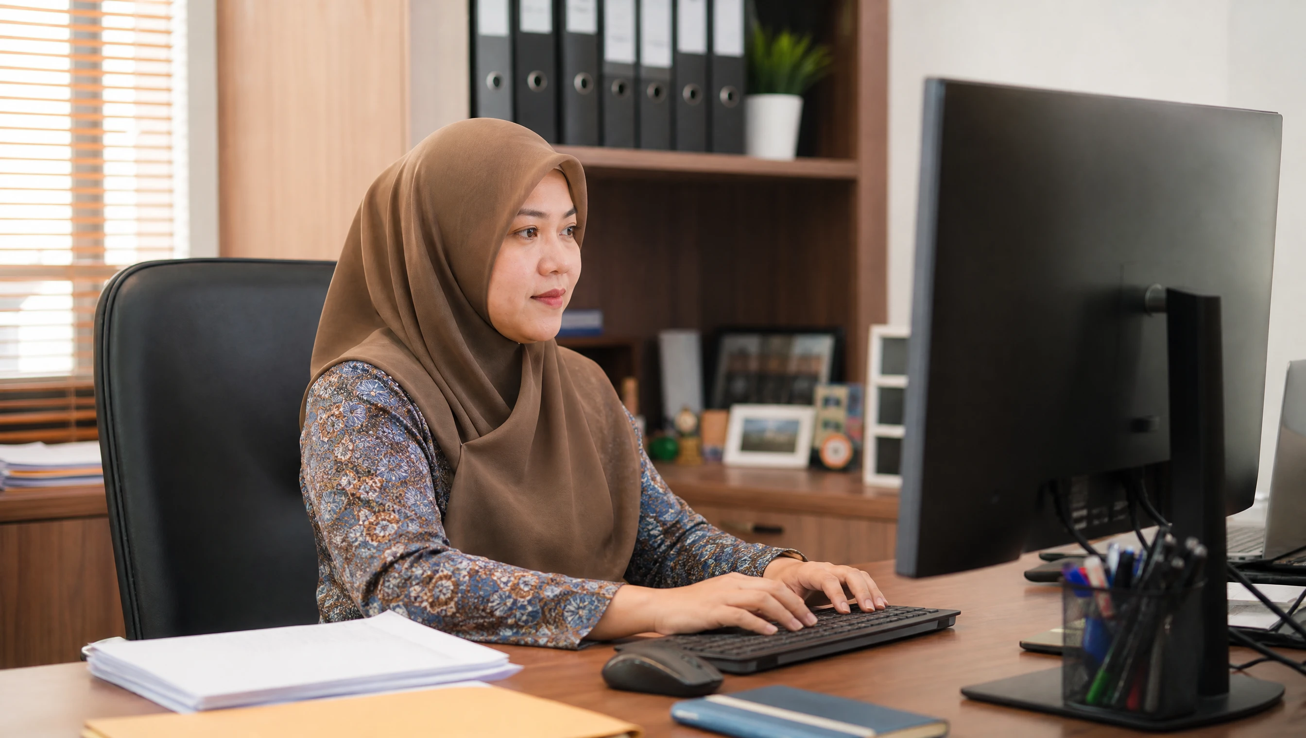 Staf pejabat kecil Malaysia menggunakan sistem tempahan custom di komputer desktop
