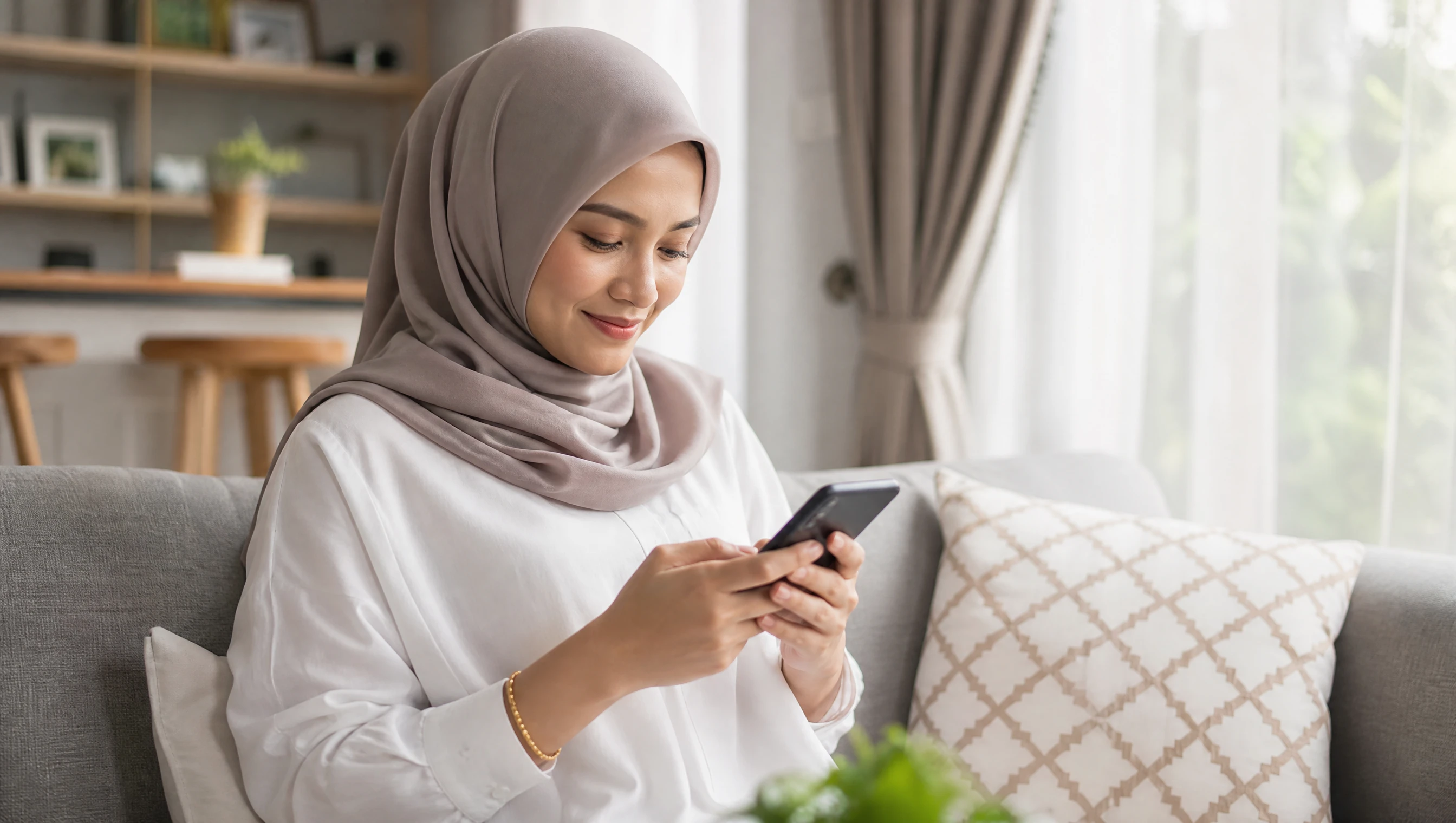 Pelanggan wanita membuat tempahan salon melalui sistem online di telefon di ruang tamu rumah