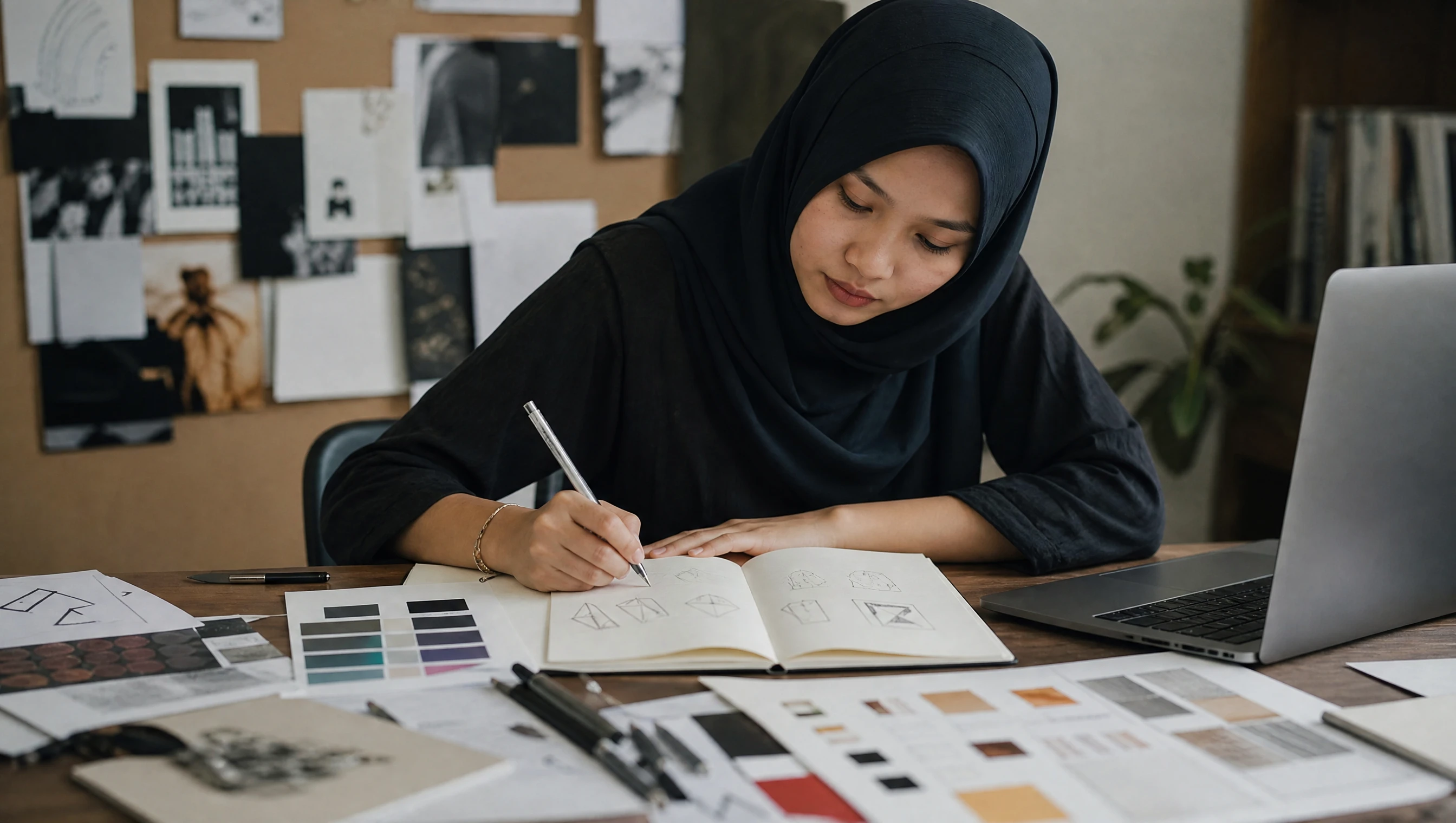 Malaysian brand designer sketching logo concepts at a studio desk
