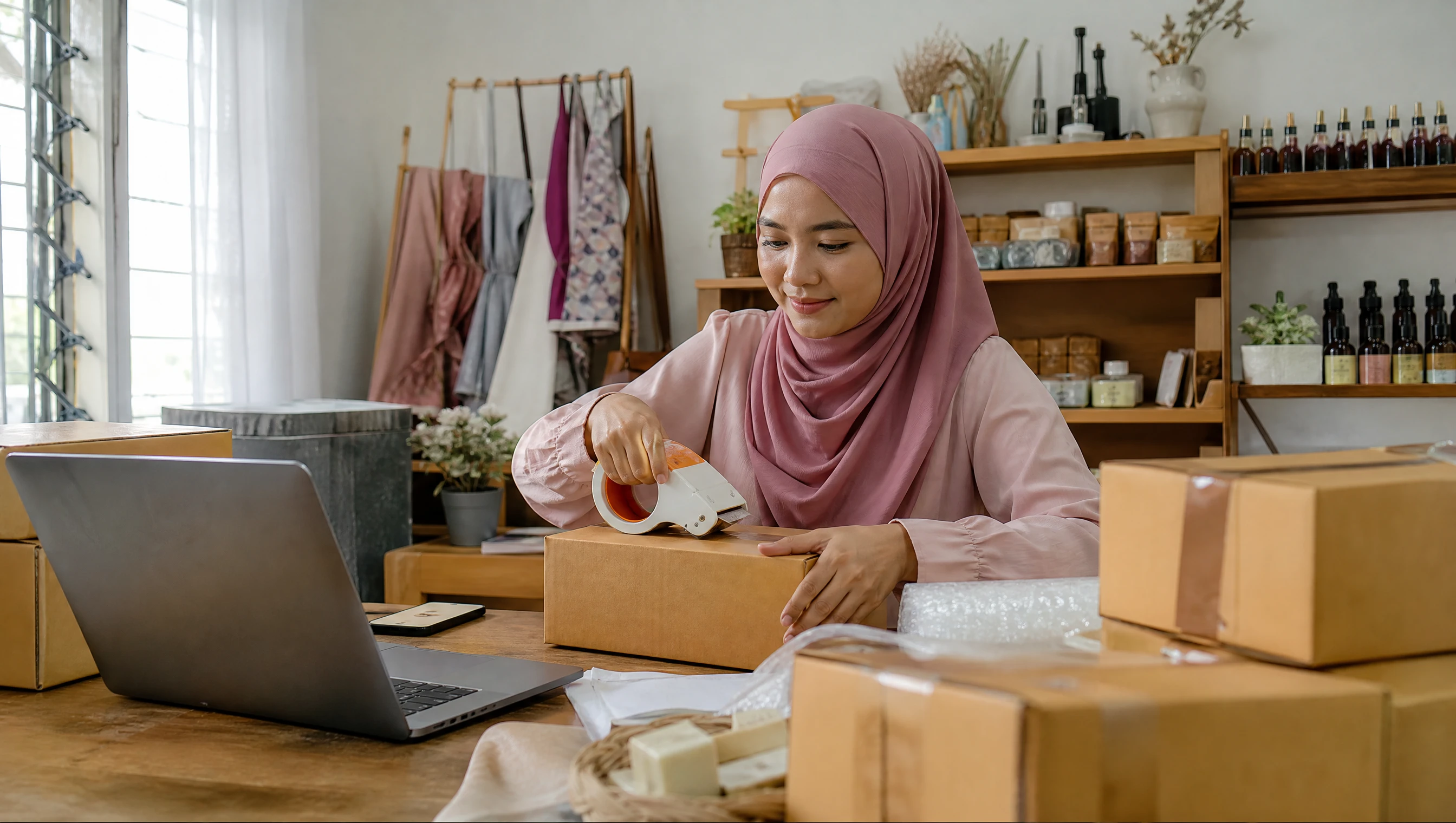 Malaysian online store owner packing customer order parcels at her studio