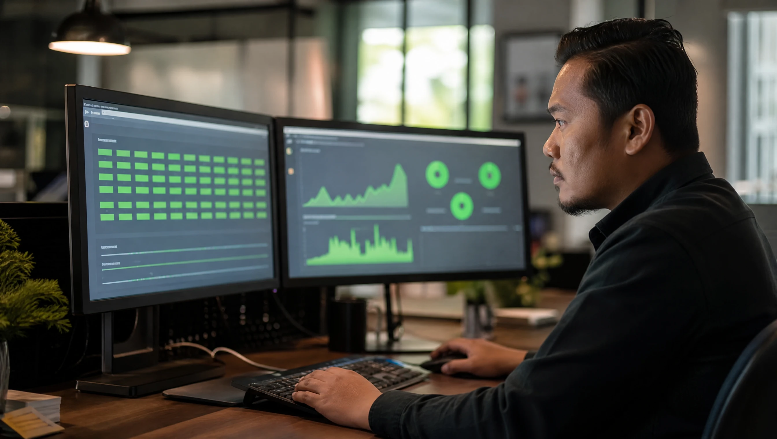 Malaysian support technician monitoring website uptime on dual screens